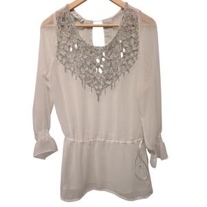 Solitaire Swim Beaded Chiffon Cover-Up Tunic Dress Sheer Bridal Beach Resortwear